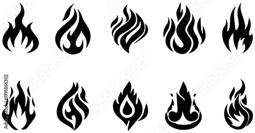 Collection of stylized thick curvy black flame and fire shapes abstract graphic elements with dynamic flowing lines representing heat energy and passion isolated on a clean white