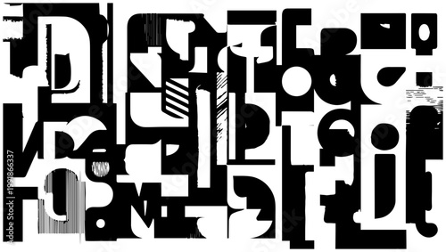 Dynamic abstract composition of bold black and white geometric shapes and illegible letterforms creating a complex modern and visually striking graphic design element