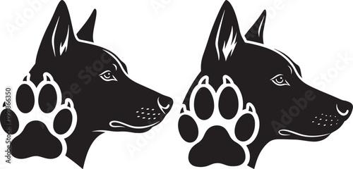 Two black silhouette dog heads with paw prints overlay black and white paw print guard dog working dog hunting dog graphic resource silhouette wildlife friendly companion domesticated