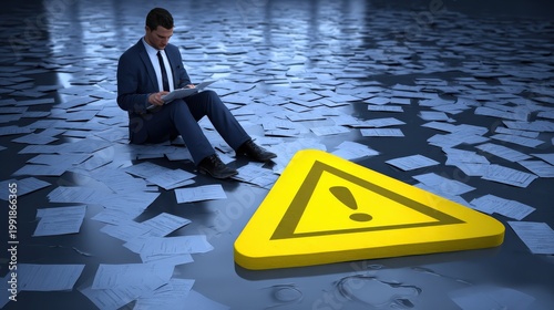 Business professional sits on a floor covered in paperwork next to a large yellow warning sign.