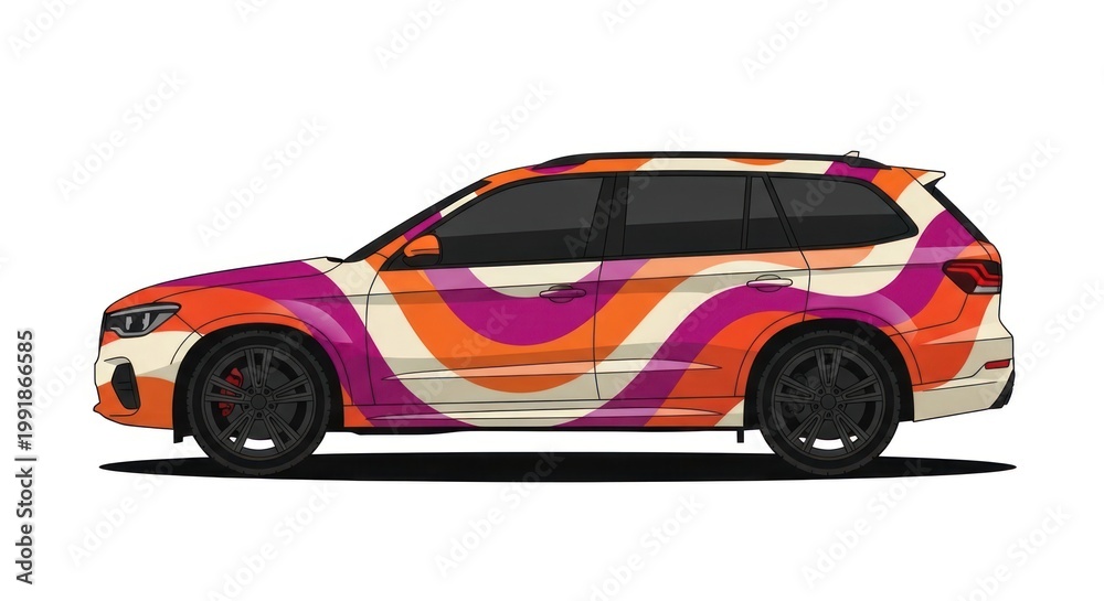 Fototapeta premium Side view of SUV with retro wavy vinyl wrap design