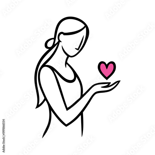 Logotipo con dibujo minimalista con líneas de mujer de pie con corazón de color rosa en la mano, para tarjetas y felicitaciones de San Valentín