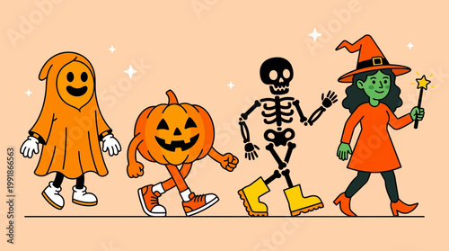 Kids in Halloween costumes: ghost, pumpkin, skeleton, and witch posing together in a playful autumn scene with festive colors