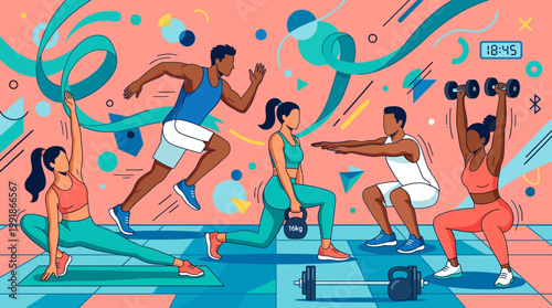 Vibrant group fitness class with diverse participants performing cardio, strength, and balance exercises in a colorful studio