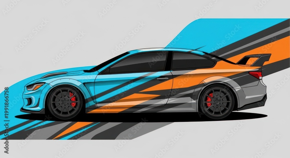 Naklejka premium Side view sports car with blue and orange racing livery