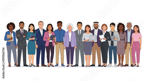 Diverse group of professionals standing in a line, illustrating teamwork, inclusion, and modern workplace collaboration