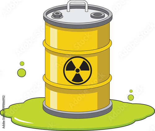 Yellow radioactive barrel leaking toxic liquid on ground, flat vector illustration isolated on white background, representing hazardous waste, pollution, nuclear danger, and environmental risk.