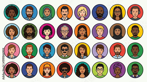 Diverse group of circular avatar portraits in a colorful grid, a versatile stock illustration for inclusive teams, branding, marketing and UI design
