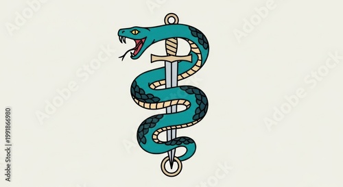 Snake coiled around a sword tattoo style vector illustration