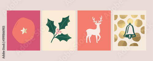 Christmas holly deer silhouette set, winter holiday animal vector, festive reindeer graphic elements, modern Christmas nature art, elegant holiday deer illustration, minimalist winter wildlife art, cr