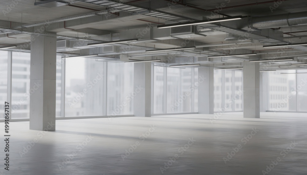 Fototapeta premium Medium shot of a vacant shell office floor featuring exposed ceiling grid and structural columns with blurred window lines in the background for a minimalist industrial look.