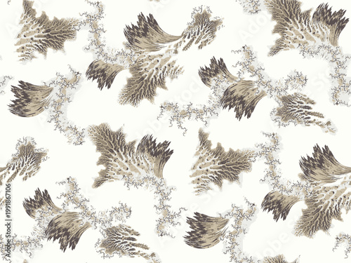 Abstract monochrome pattern featuring intricate frost-like textures on a clean white background