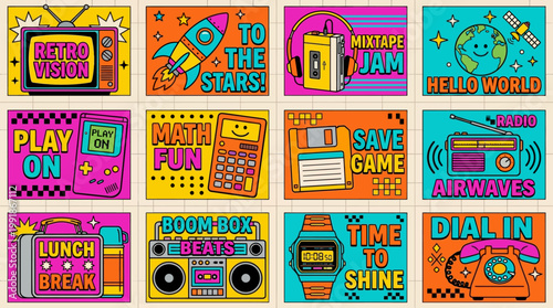 Vibrant retro arcade pixel-art sticker collection featuring neon colors, 80s-inspired icons, bold typography, and nostalgic game graphics for decor and design projects