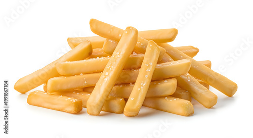Golden frozen french fries with light seasoning sprinkled on top