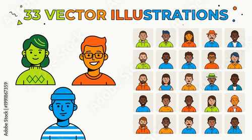 Collage of diverse vector avatars and a grid of portraits for inclusive design, bold colors, and flat illustration style.