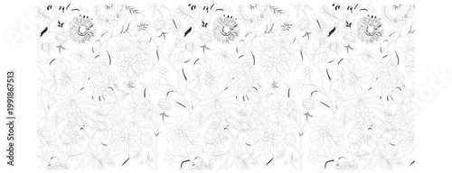 Intricate black line art featuring a traditional floral batik motif. Ornate botanical design with sunflowers and vines on a white background, suitable for hot foil stamping, laser cutting, or coloring