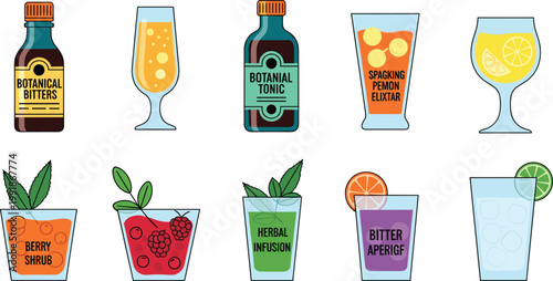 Botanical Mocktail and Herbal Elixir Vector Icon Set Featuring Botanical Bitters Tonic Sparkling Lemon Elixir Berry Shrub and Bitter Aperitif