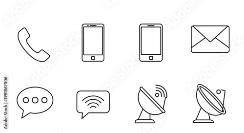 Communication icons set telephone message and satellite dish.
