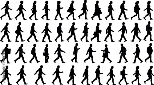 Grid of diverse walking silhouettes in multiple rows, highlighting human gait, posture, clothing accessories, and pedestrian lifestyle illustration reference