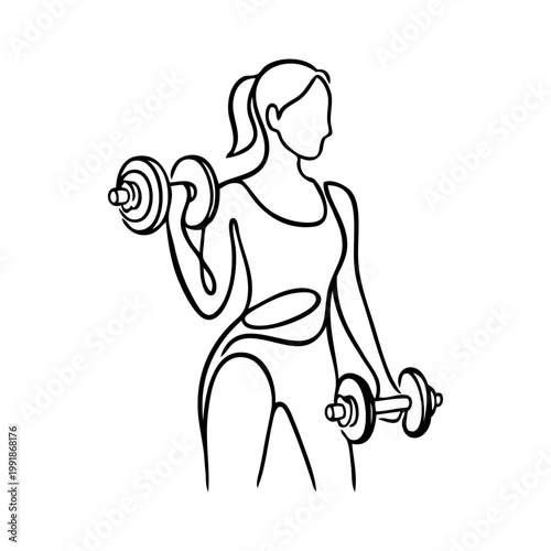 Logo gimnasio. Dibujo minimalista con una única línea de una mujer haciendo ejercicios con mancuernas