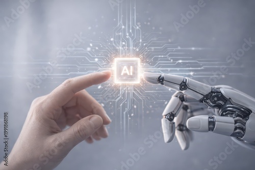 Human-robot interaction with an icon of a glowing AI processor interface, symbolizing artificial intelligence, machine learning, and human-machine collaboration. Future technologies