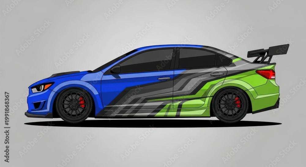 Obraz premium Sports sedan vector with blue and green racing livery