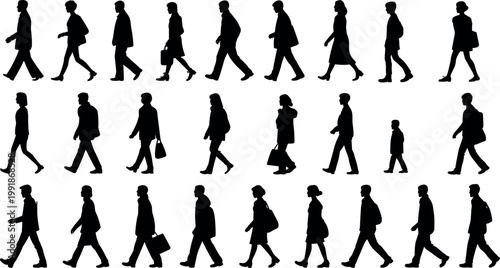 Multiple black walking silhouettes of diverse people arranged in rows, showcasing human gait, posture variation, clothing styles, and pedestrian lifestyle illustration reference