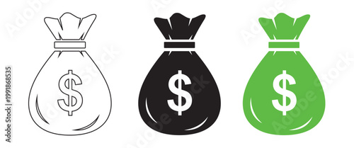 Three money bags in different colors black white and green