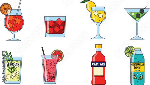 European Aperitif and Mediterranean Tonic Icon Set Featuring Negroni Spritz Campari Bottle Vermouth and Gin with Citrus Garnish