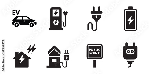 Electric vehicle charging infrastructure icons a comprehensive set