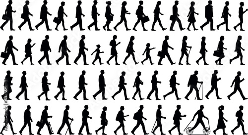 Rows of diverse walking silhouettes with accessories, illustrating human gait, posture, daily activity, and pedestrian lifestyle reference illustration