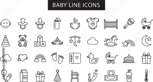 Baby line icons for nursery.