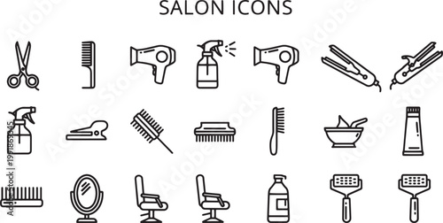 Black and white line art salon icons.