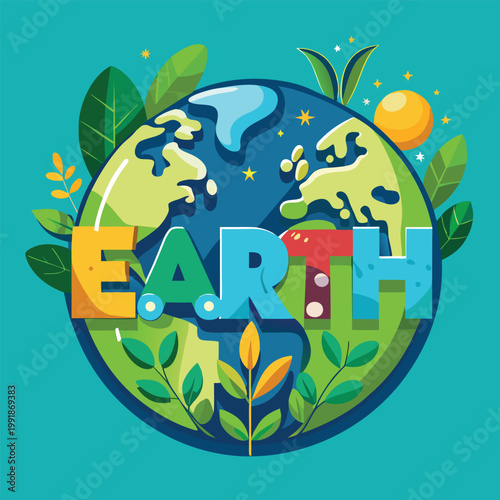 A colorful illustration of the earth with the word earth on it