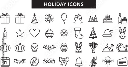 Black line holiday icons on white.
