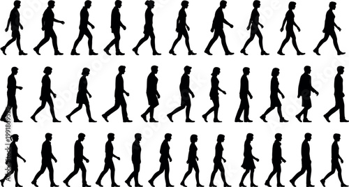 Series of black walking silhouettes of diverse people in motion, illustrating human gait cycle, posture variation, and locomotion study reference