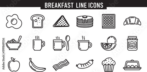 Black line icons of breakfast foods.