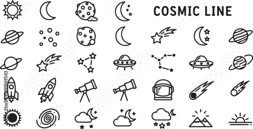 Black line icons of cosmic objects.