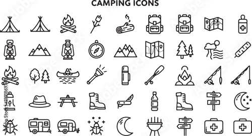 Camping icons and travel symbols.