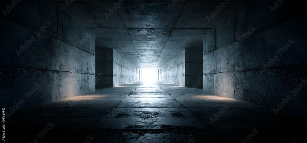 Fototapeta premium Spacious industrial concrete hall with natural light from distance showing massive pillar structure and perspective lines in empty underground warehouse with dramatic shadows and atmospheric fog.