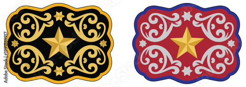 Sheriff star badge vector, rodeo cowboy belt buckle in wild west style with decorative floral details, ranked titles concept, hierarchy western law symbols, premium frontier levels for vintage