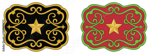 Sheriff star badge and cowboy belt buckle vector set, wild west decorative insignia with floral engraving, ranking and authority symbols for frontier law, vintage western branding and premium badge