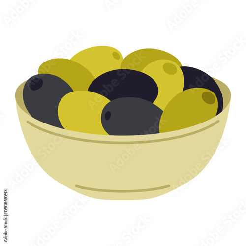 Plate with green and black olives. Tasty appetizer, Mediterranean snack concept. Natural organic product, healthy cooking ingredient. Vector illustration isolated on white background.