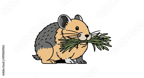 American Pika Gathering Grass for Winter Illustration