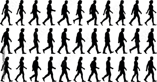 Series of diverse walking silhouettes arranged in rows, illustrating human gait, posture, arm swing, and pedestrian lifestyle reference illustration