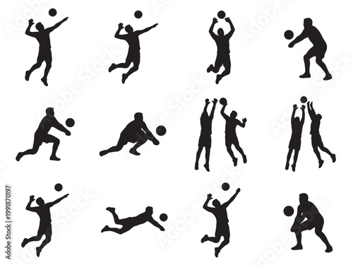 Flat Solid Black Silhouette Icon Set of 12 Volleyball Player Action Poses