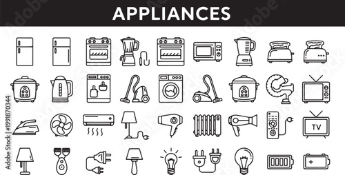 Collection of various home appliances icons.