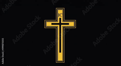 Golden Christian Cross Symbol Against Black Background.