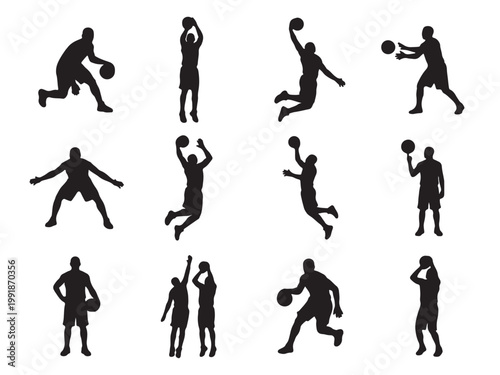 Flat Solid Black Silhouette Icon Set of 12 Basketball Player Action Poses