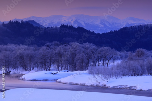 朝陽に染まる樹氷と川霧